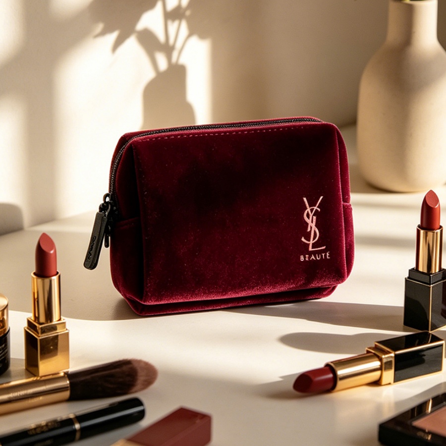 Ysl Beauty Makeup - Borsa YSL in velluto rosso vino,